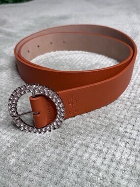 Jessica Simpson Burnt Orange Leather Belt with Crystal Round Buckle